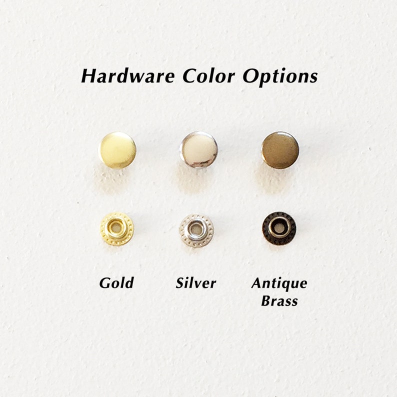Hardware color options for leather cord keepers with button snap closure.