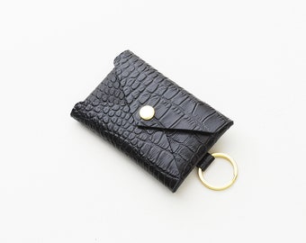 Crocodile Embossed Black Leather Keychain Credit Card Wallet, Business Card Holder, Gift Card Presenter, Gift for Her, Bridesmaid Party Gift