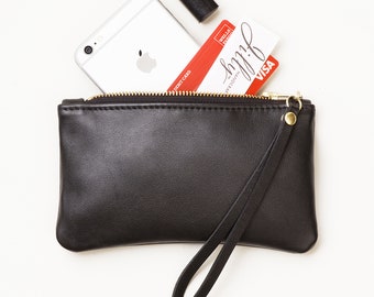 Small Leather Wristlet, Small Leather Clutch with Wrist Strap, Minimal Style Wallet