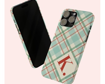 Personalized iPhone Case, Custom Initial Vintage Style Xmas Plaid Phone SLIM Cover, Series iPhone 15 14 13 12 11 X XR XS 8 Pro Max Plus Mini