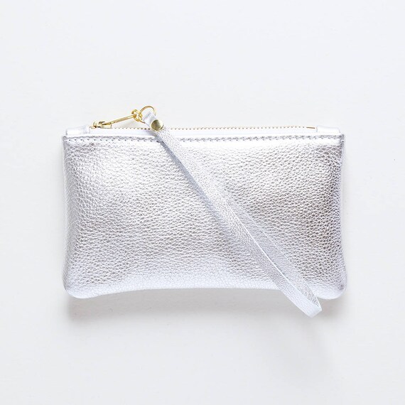 Silver Leather Wristlet Metallic Leather Clutch Leather