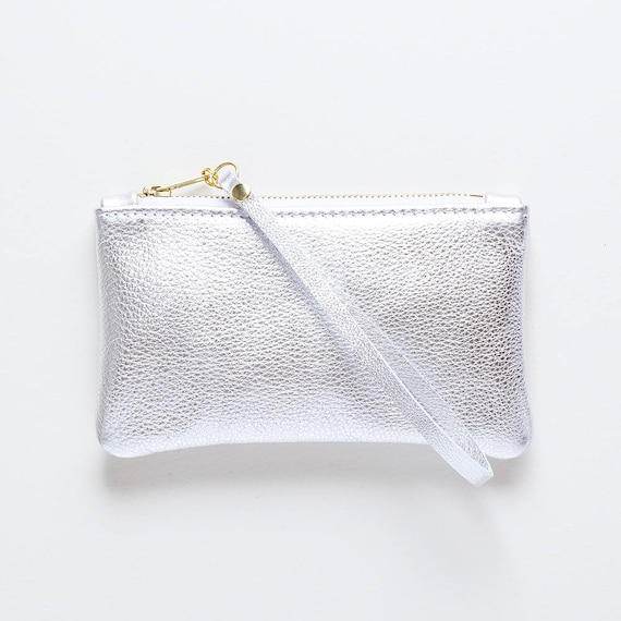 Silver Leather Wristlet Metallic Leather Clutch Leather