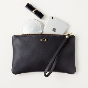 Personalized Leather Clutch with Wrist Strap, Monogrammed Initials Wristlet, Customized Gift for Her, Bridesmaid Gift, Mother&#39;s Day Present