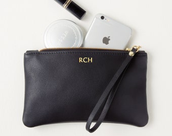 Personalized Leather Clutch with Wrist Strap, Monogrammed Initials Wristlet, Customized Gift for Her, Bridesmaid Gift, Mother's Day Present