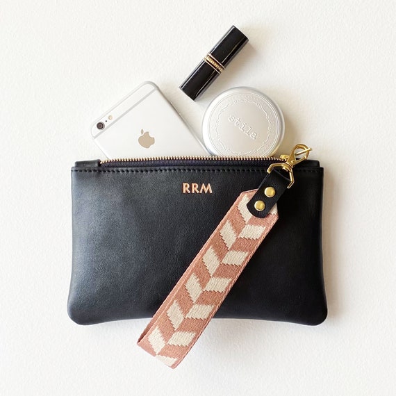 Monogrammed Leather Clutch With Detachable Fabric Wrist Strap 