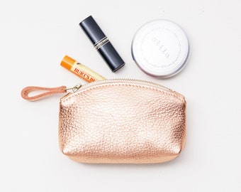 Small Metallic Leather Clutch, Mini Makeup Bag, Petite Cosmetics Zip Pouch, Handbag Organizer, Bridesmaid Gift, Christmas Gift for Her