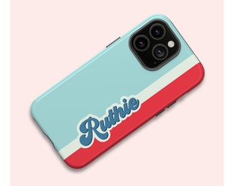 Retro Stripes Custom Name iPhone Case, Personalized 1970's Look TOUGH Phone Cover for Series iPhone 15 14 13 12 11 X XR XS 8 Pro Max Plus