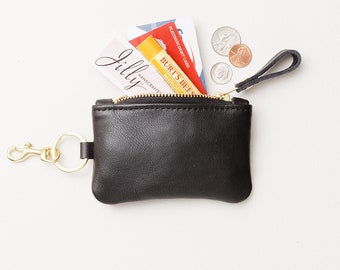 Small Leather Keychain Credit Card and Cash Zipper Wallet with Keyring and Swivel Snap Clip, Metro Card Holder Keychain Zip Pouch, BFF Gift