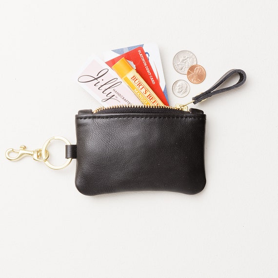 Small Leather Keychain Credit Card and Cash Zipper Wallet With