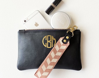 Foil Monogrammed Leather Clutch with Detachable Fabric and Leather Wrist Strap, Personalized Wristlet, Customizable Clutch with Wrist Strap