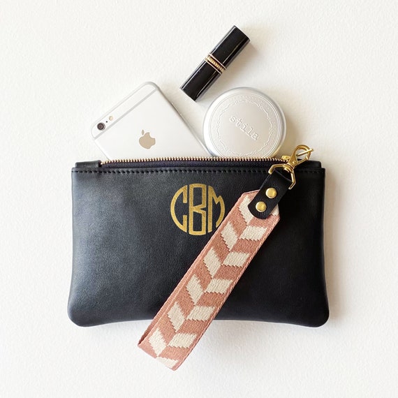 Foil Monogrammed Leather Clutch with Detachable Fabric and Leather Wrist Strap, Personalized Wristlet, Customizable Clutch with Wrist Strap