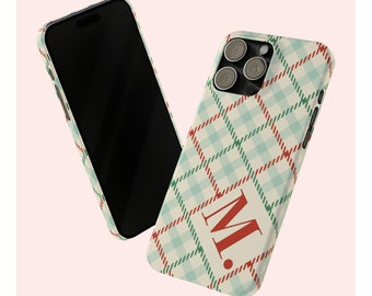 Custom Initial iPhone Case, Monogram Retro Style Plaid Christmas SLIM Phone Cover, Series iPhone 15 14 13 12 11 X XR XS 8 Pro Max Plus Mini