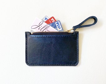 Leather Credit Card Zip Wallet, Black Leather Business Card Case, Small Zipper Coin Purse, Slim Style Credit Card and Cash Wallet