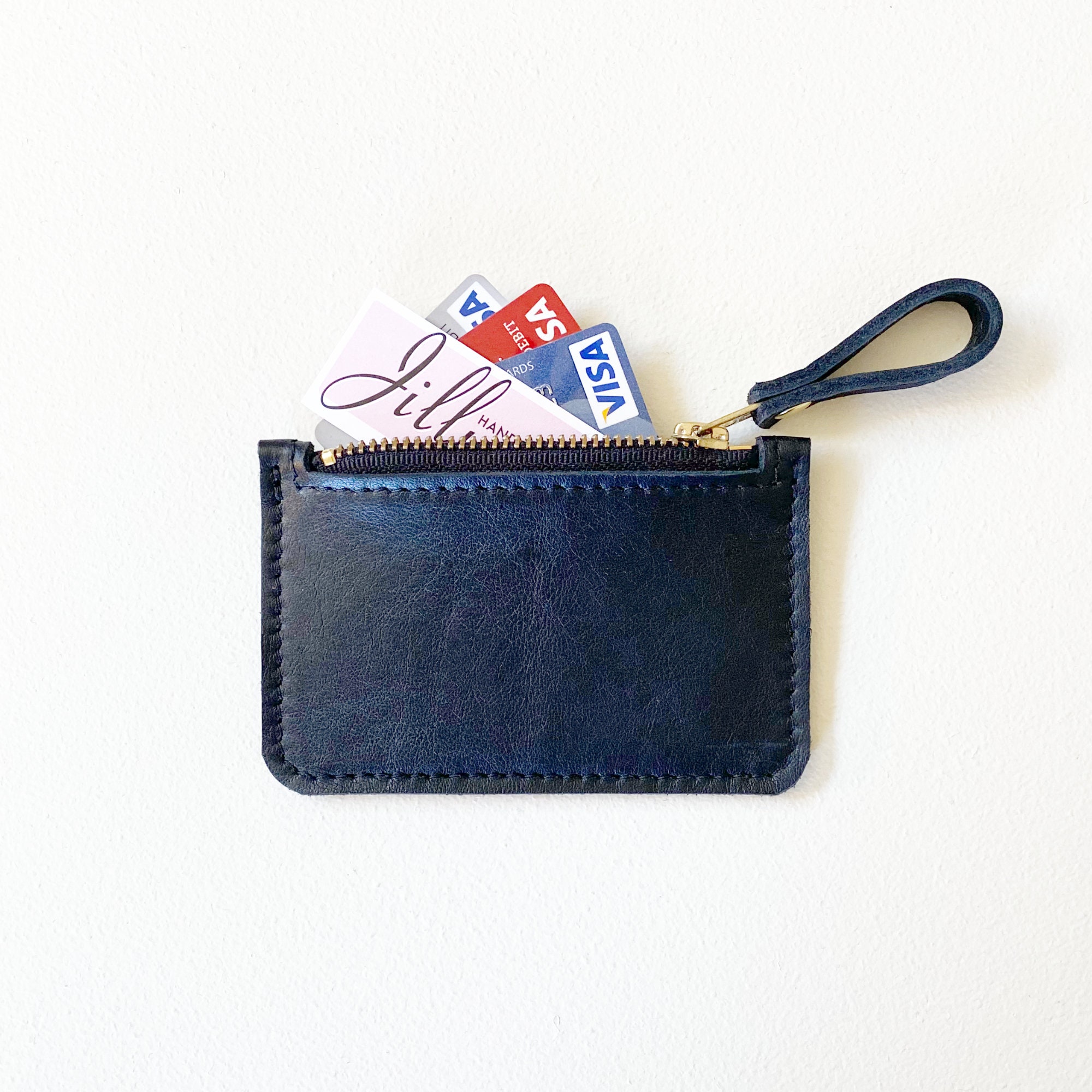 Leather Credit Card Zip Wallet Black Leather Business Card Etsy
