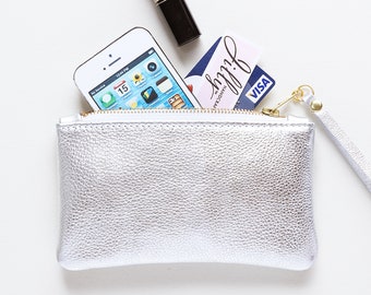 Small Metallic Leather Wristlet, Metallic Leather Wedding Clutch, Evening Bag with Wrist Strap, Wedding Party Gift Clutch
