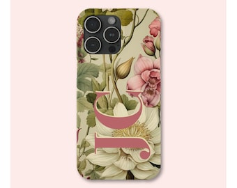 Vintage Floral Monogram iPhone SLIM Case, Personalized iPhone Cover with Flowers, Series iPhone 15 14 13 12 11 X XR XS 8 Pro Max Plus Mini