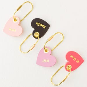 Custom Heart Bag Charm and Keychain Carabiner, Monogrammed Leather Handbag Accessory, Hot Foil Embossed Personalization