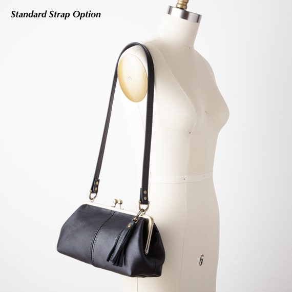 Small Leather Kiss Lock Shoulder Bag With Crossbody Strap 