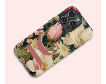 Floral iPhone TOUGH Case with Initials, Large Monogram Vintage Flowers Phone Cover for Series iPhone 15 14 13 12 11 X XR XS 8 Pro Max Plus