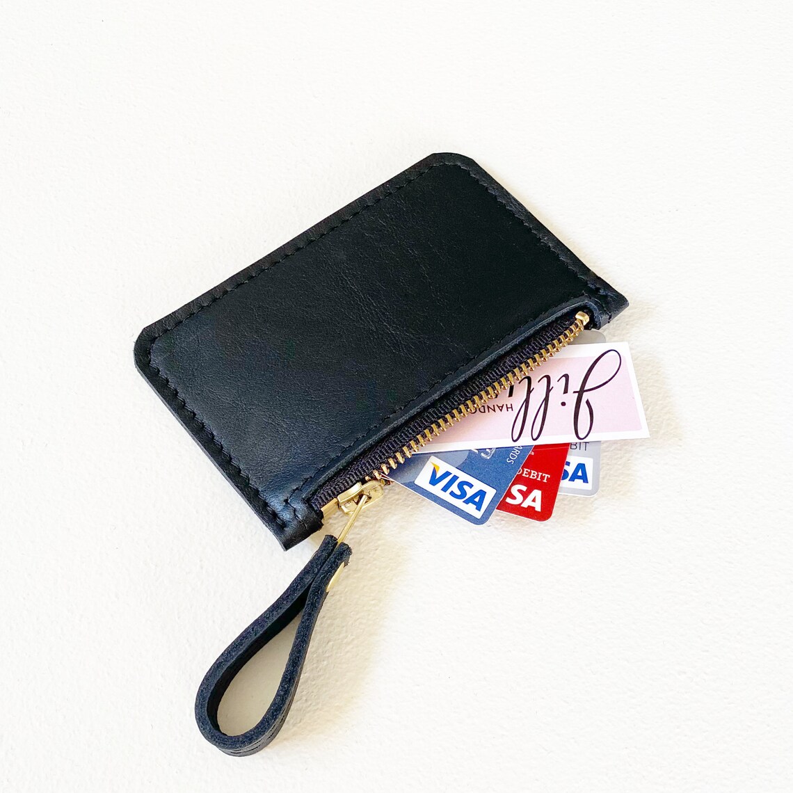 Leather Credit Card Zip Wallet Black Leather Business Card Etsy
