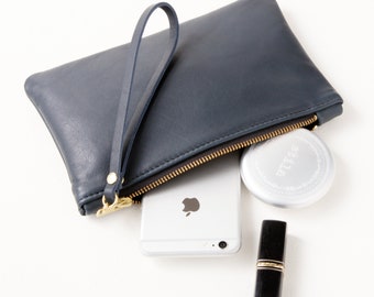 Navy Leather Zipper Clutch with Multiple Color Options, Smart Phone Zip Wallet, Handcrafted Clutch with Attached Wrist Strap, Gift for Her