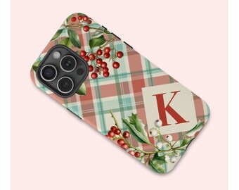 Retro Holiday iPhone TOUGH Case with Monogram, Vintage Plaid Phone Case with Mistletoe, Series iPhone 15 14 13 12 11 X XR XS 8 Pro Max Plus