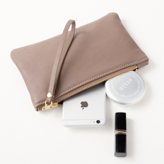 Dark Taupe Clutch With Wrist Strap Minimal Style Leather Wristlet With Variety of Color Options Cell Phone Clutch Gift for Girlfriend Etsy