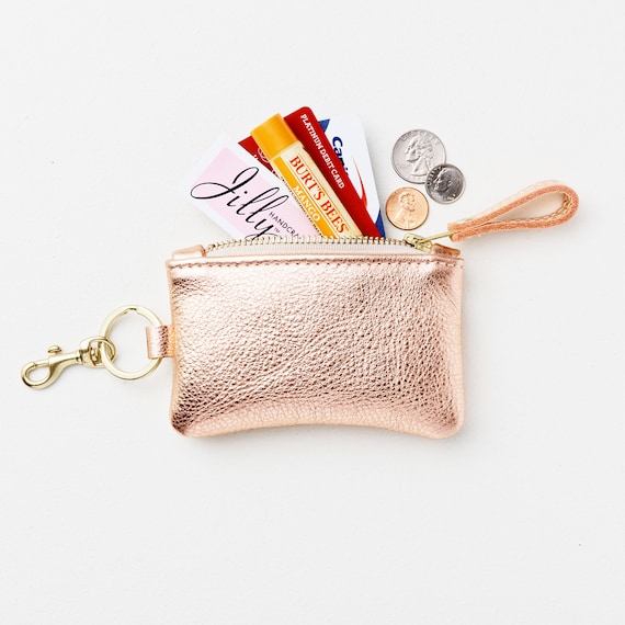 Metallic Leather Keychain Zip Wallet, Rose Gold Keychain Credit Card Cash Holder, Women's Change Purse, Zipper Pouch with Keyring and Clip
