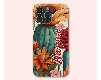 Personalized iPhone SLIM Case with Cactus Flowers, Name Case with Desert Cacti, iPhone Series 15 14 13 12 11 X XR XS 8 7 Pro Max Plus Mini