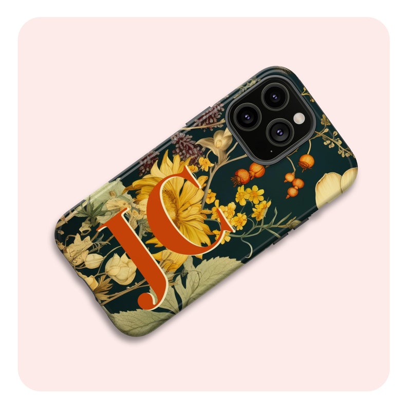 Personalized vintage Autumn floral pattern iPhone Tough case with large initials.