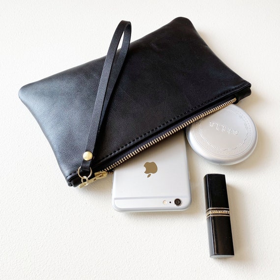 Leather Zipper Clutch With Wrist Strap Minimal Style - Etsy Leather Zipper Clutch With Wrist Strap Minimal Style - Etsy
