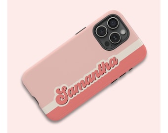 Personalized Retro Stripes iPhone TOUGH Case, Custom Name Pink Retro Look Phone Cover, Series iPhone 15 14 13 12 11 X XR XS 8 Pro Max Plus