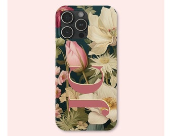 Monogrammed Floral iPhone SLIM Case, Custom Phone Cover with Vintage Style Flowers for Series iPhone 15 14 13 12 11 X XR XS 8 Pro Max Mini