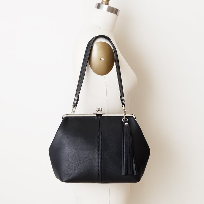 Leather Kiss Lock Frame Handbag with Tassel Purse Charm Retro Etsy