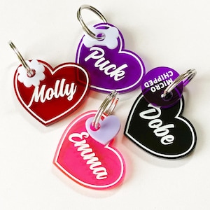 Custom Dog or Cat ID Tag for Collar with Mini Charm Add-on, Heart Shaped Engraved Acrylic Pet Identification Tag, Personalized Pet Accessory