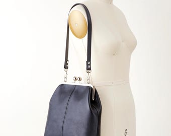 Leather Kiss Lock Purse, Vintage Style Frame Handbag with Removable Strap Options, Handcrafted Retro Look Bag