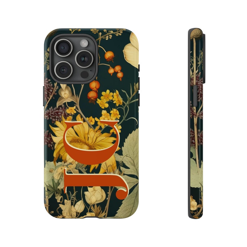 Front and side view of personalized vintage Autumn floral pattern iPhone Tough case with large initials.