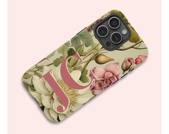 Monogrammed Vintage Floral iPhone TOUGH Case, Personalized Phone Cover with Flowers for Series iPhone 15 14 13 12 11 X XR XS 8 Pro Max Plus