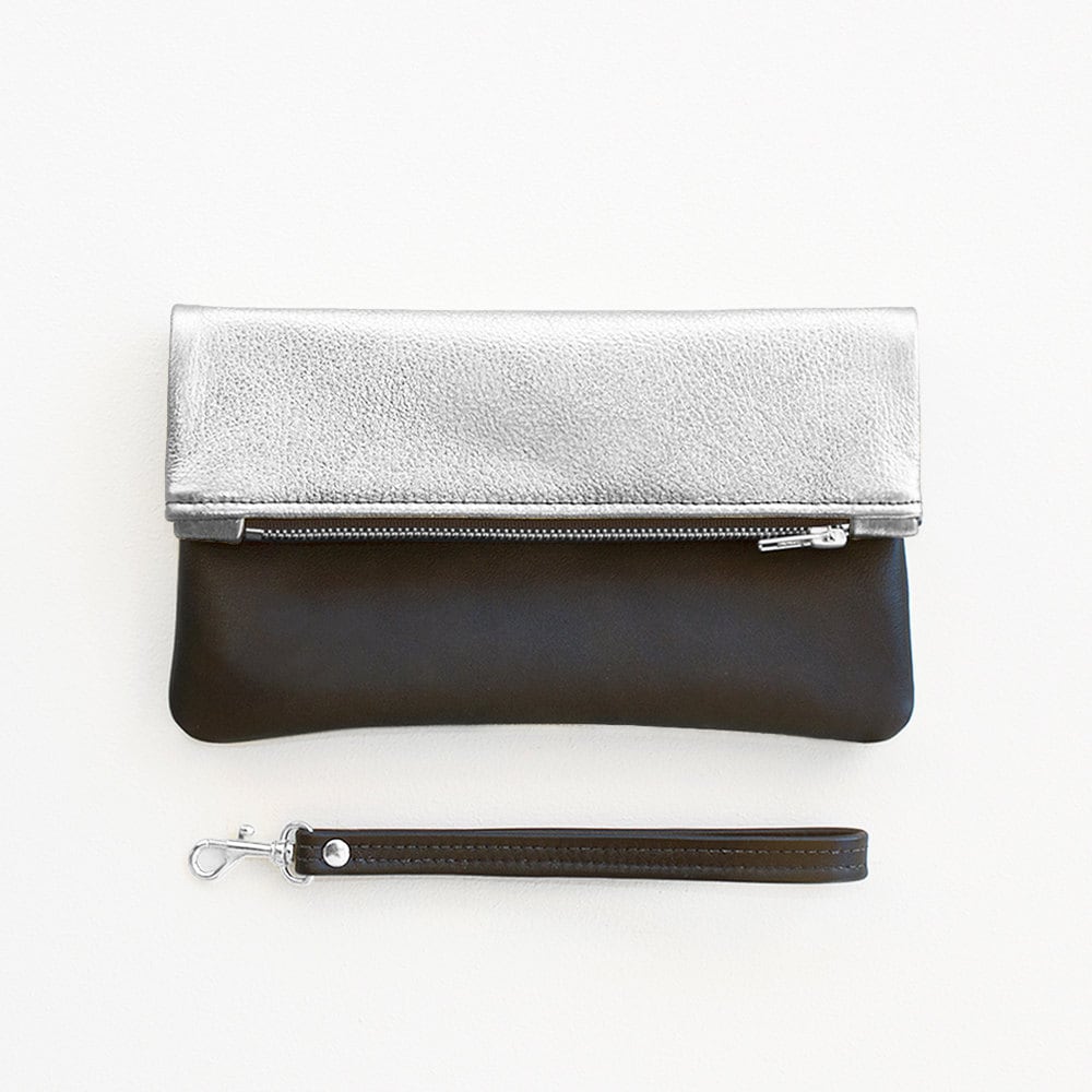 Silver Leather Clutch Metallic Silver Fold Over Wristlet Etsy