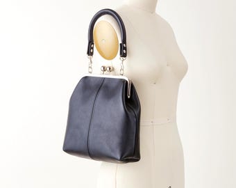 Leather Kiss Lock Handbag, Removable Strap Options, Vintage Style Frame Purse, Handcrafted Handbag