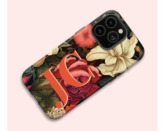 Custom Initials iPhone TOUGH Case, Large Shadow Monogram Vintage Floral Phone Cover for Series iPhone 15 14 13 12 11 X XR XS 8 Pro Max Plus