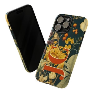 Front and back view of personalized vintage Autumn floral pattern iPhone Tough case with large initials.