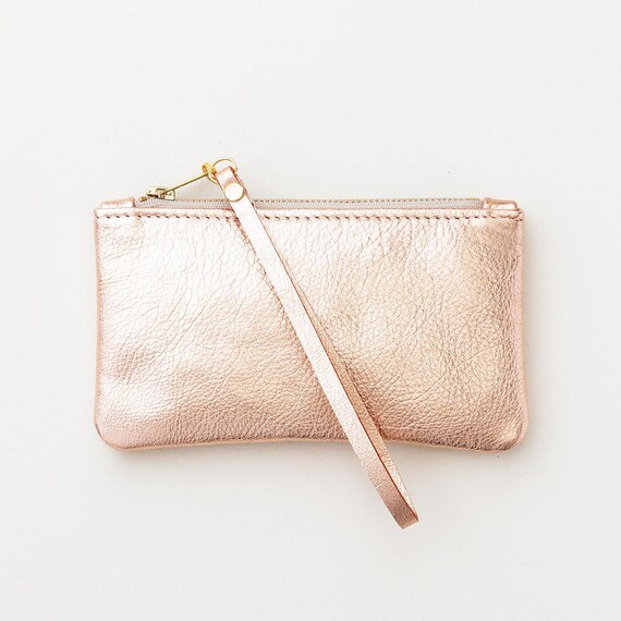 Rose Gold Leather Clutch Metallic Leather Wristlet Evening Etsy