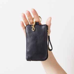 Cartera con llavero de cuero con cremallera, cartera de cuero para tarjetas de crédito, monedero con llavero, estuche con cremallera con llavero y cierre giratorio