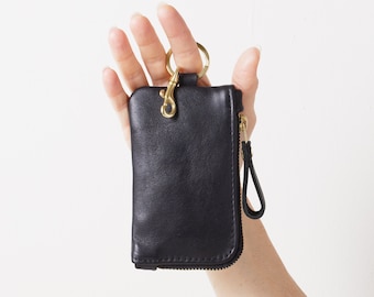 Cartera con llavero de cuero con cremallera, cartera de cuero para tarjetas de crédito, monedero con llavero, estuche con cremallera con llavero y cierre giratorio