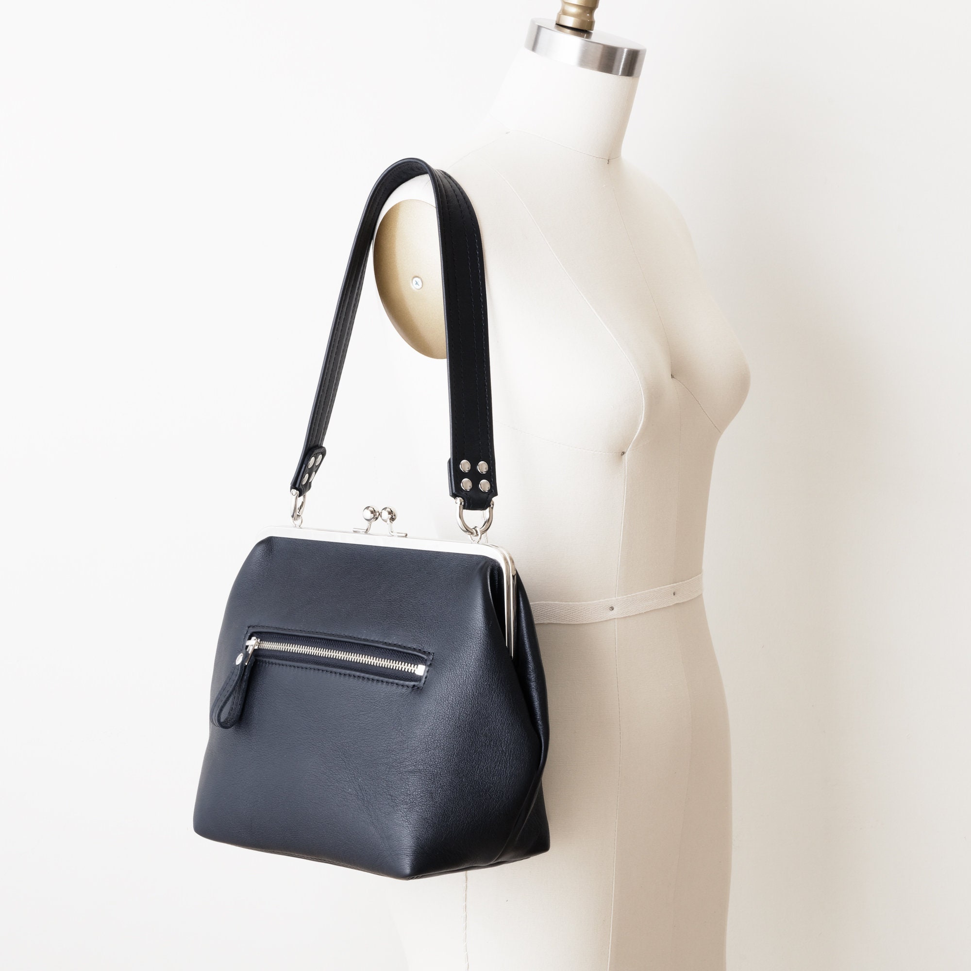 Kiss Lock Frame Handbag With Exterior Zip Pocket Leather - Etsy