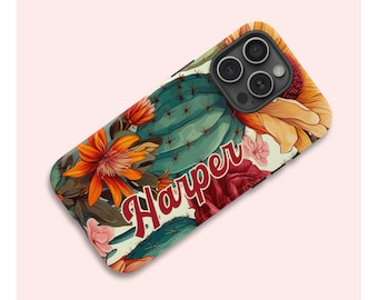 Personalized Cactus Flowers iPhone TOUGH Case, Custom Name Case with Desert Cacti for Series iPhone 15 14 13 12 11 X XR XS 8 Pro Max Plus