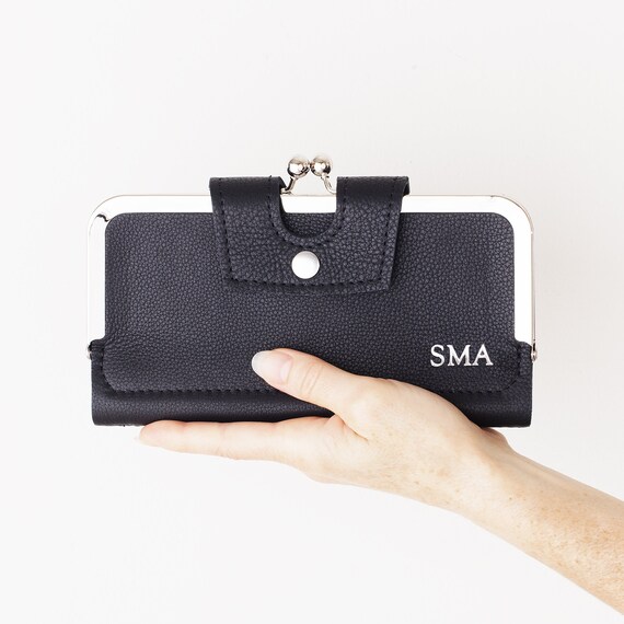 Leather Kiss Lock Wallet With Button Snap Closure Monogrammed Etsy