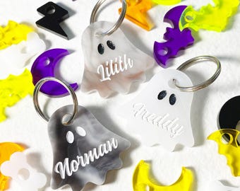 Custom Ghost ID Tag for Dog or Cat with Charm Add-on Option, Personalized Halloween Pet Collar Accessory, Laser Engraved Name Tag for Collar