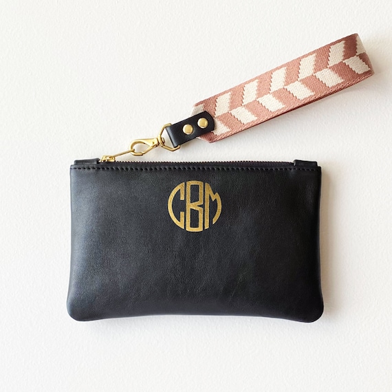 Monogrammed Black Leather Clutch With Detachable Fabric and 
